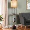 Lampadaire industriel en bois noir avec étagères bois clair et abat-jour blanc*IDMarket Outlet