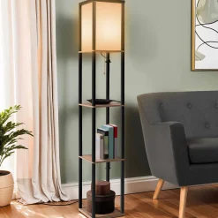 Lampadaire industriel en bois noir avec étagères bois clair et abat-jour blanc*IDMarket Outlet