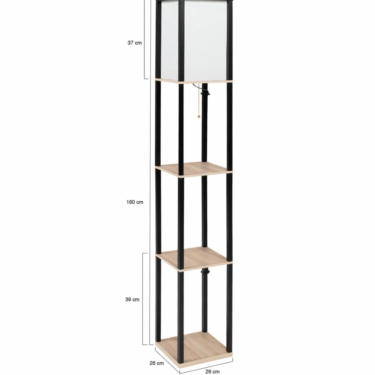 Lampadaire industriel en bois noir avec étagères bois clair et abat-jour blanc*IDMarket Outlet