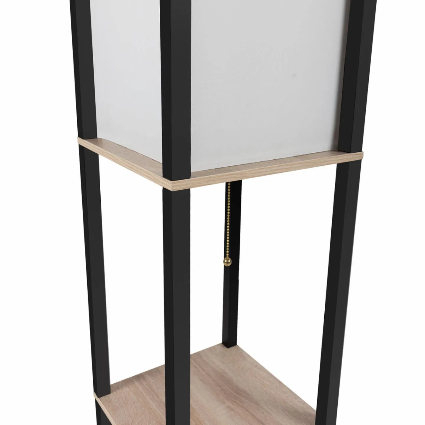 Lampadaire industriel en bois noir avec étagères bois clair et abat-jour blanc*IDMarket Outlet