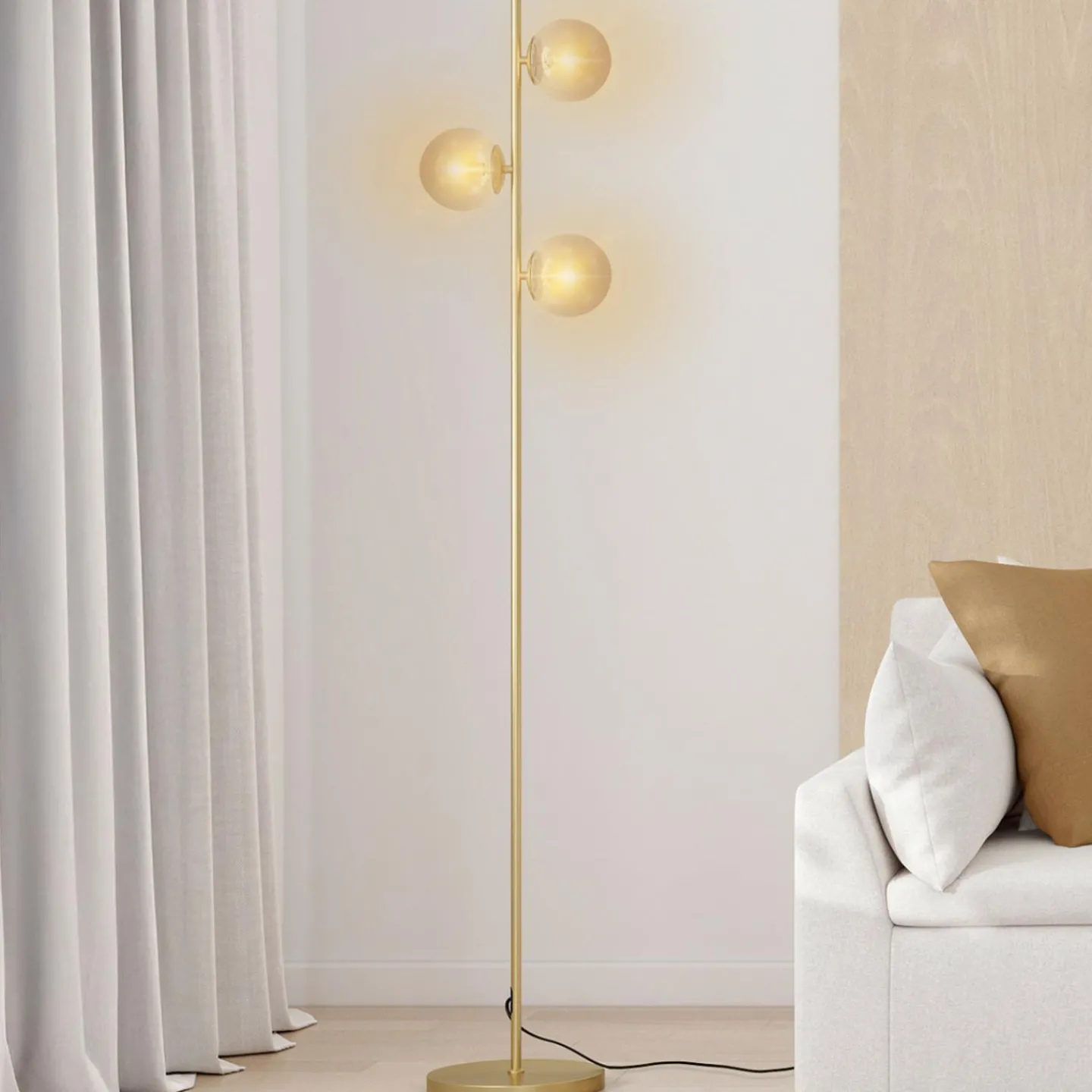 Lampadaire sur pied en métal doré avec 3 abat-jours globe verre*IDMarket Outlet