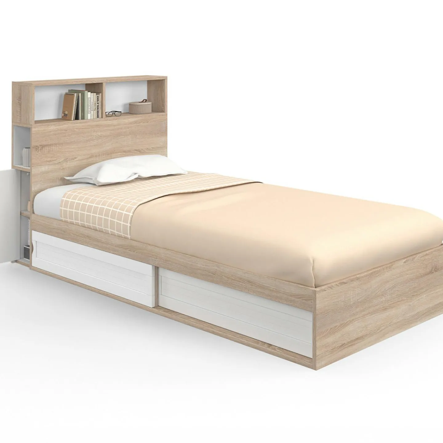 Lit 1 personne sommier 90x190 cm hêtre et blanc avec rangement et tête de lit*IDMarket New