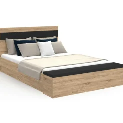 Lit 2 personnes sommier 140x190 cm avec tête de lit et banc coffre bois et noir*IDMarket