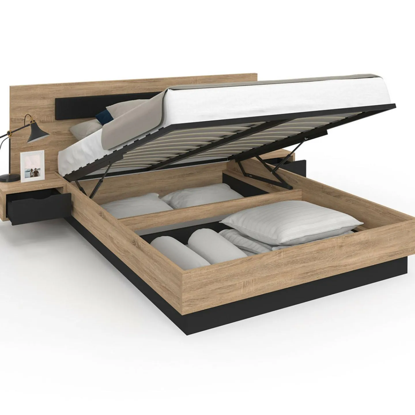 Lit 2 places double coffre 140x190 cm avec sommier et tables de chevet*IDMarket Best