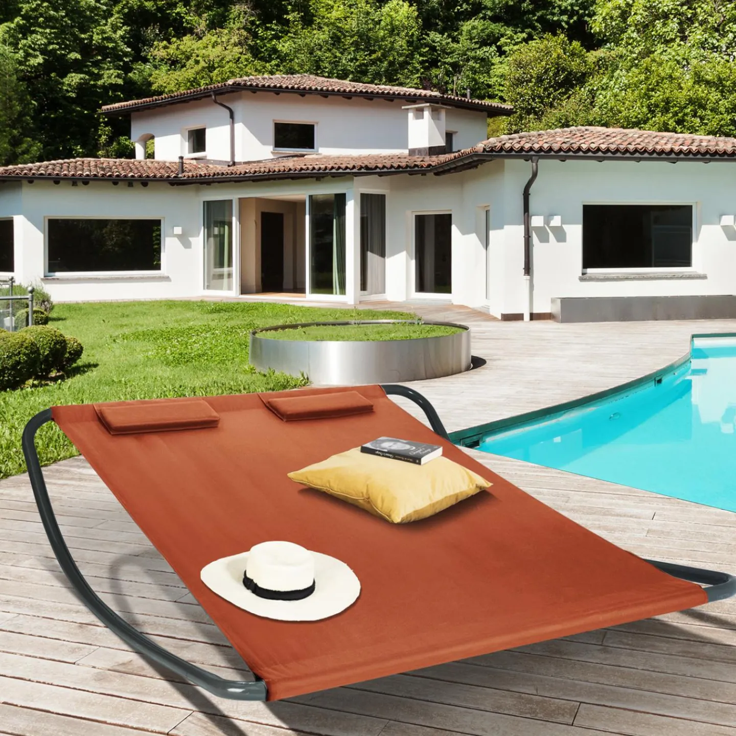 Lit bain de soleil 2 places terracotta en toile*IDMarket