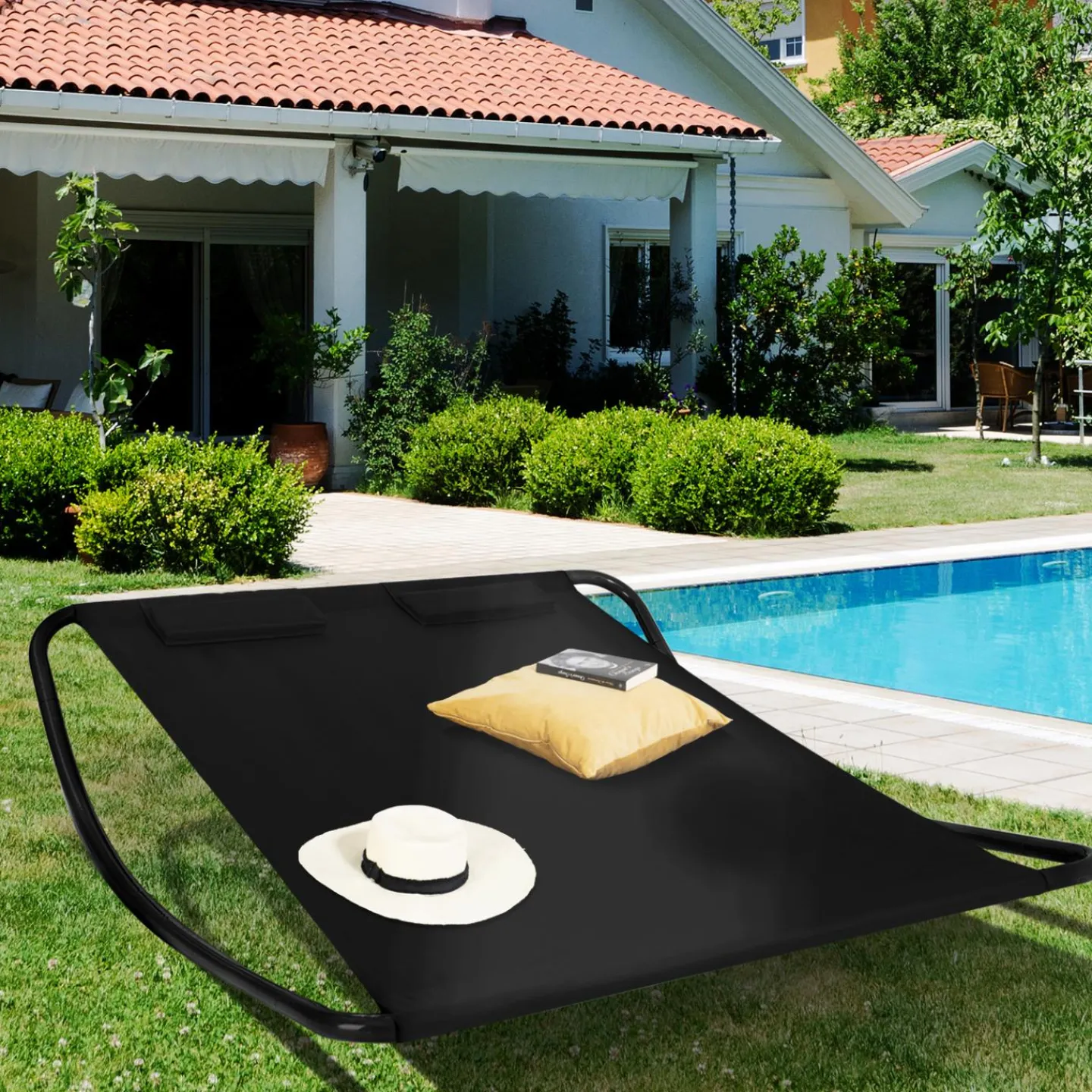 Lit bain de soleil double en toile noire*IDMarket Hot