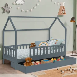 Lit cabane avec tiroir et barrières gris 80x160 cm*IDMarket Outlet