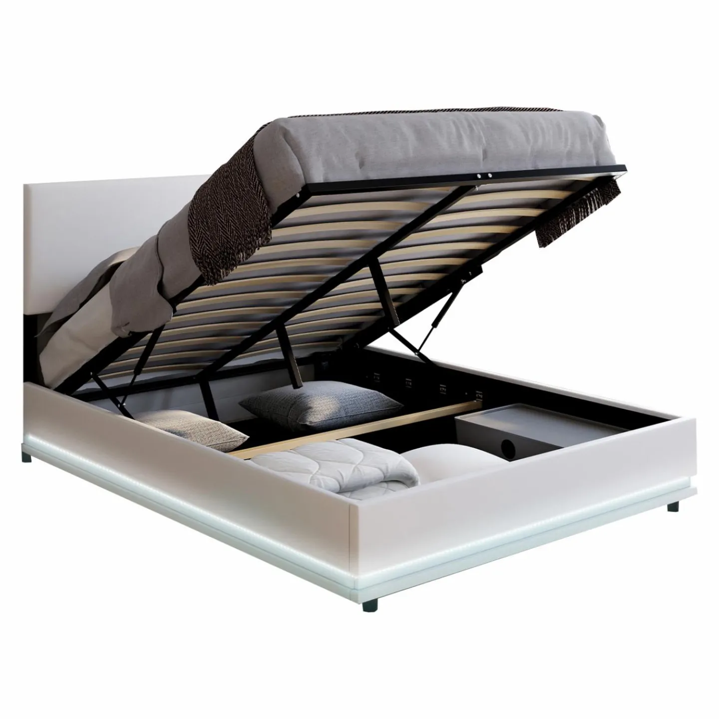 Lit coffre 2 places 140x190 en PVC blanc avec sommier et LED*IDMarket New