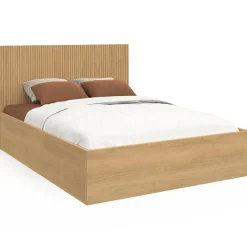 Lit coffre double 140 x 190 cm avec tête de lit et sommier effet lattes et bois*IDMarket New