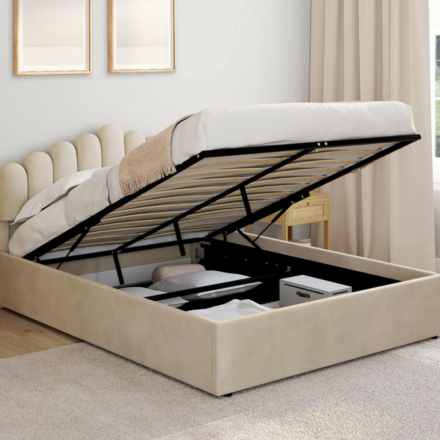 Lit coffre double avec tête de lit et sommier 140 x 190 cm velours beige*IDMarket