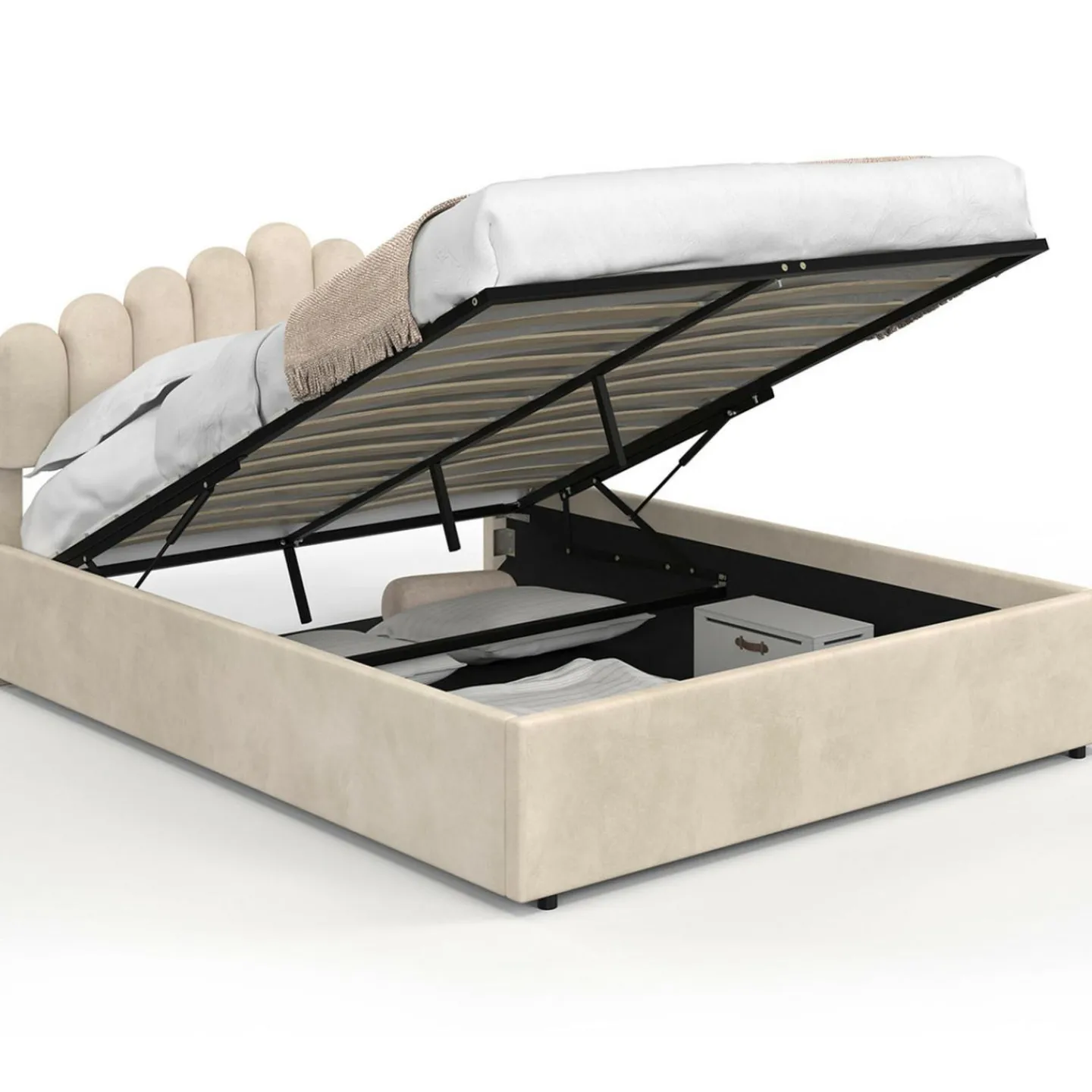 Lit coffre double avec tête de lit et sommier 140 x 190 cm velours beige*IDMarket