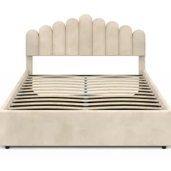 Lit coffre double avec tête de lit et sommier 140 x 190 cm velours beige*IDMarket