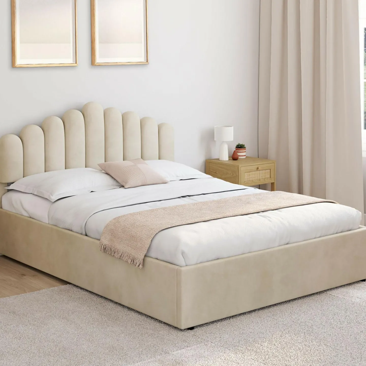 Lit coffre double avec tête de lit et sommier 140 x 190 cm velours beige*IDMarket