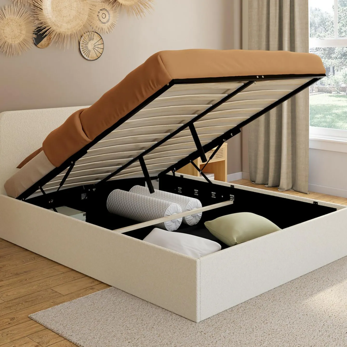 Lit coffre double avec tête de lit et sommier 140x190 cm tissu bouclette*IDMarket Sale