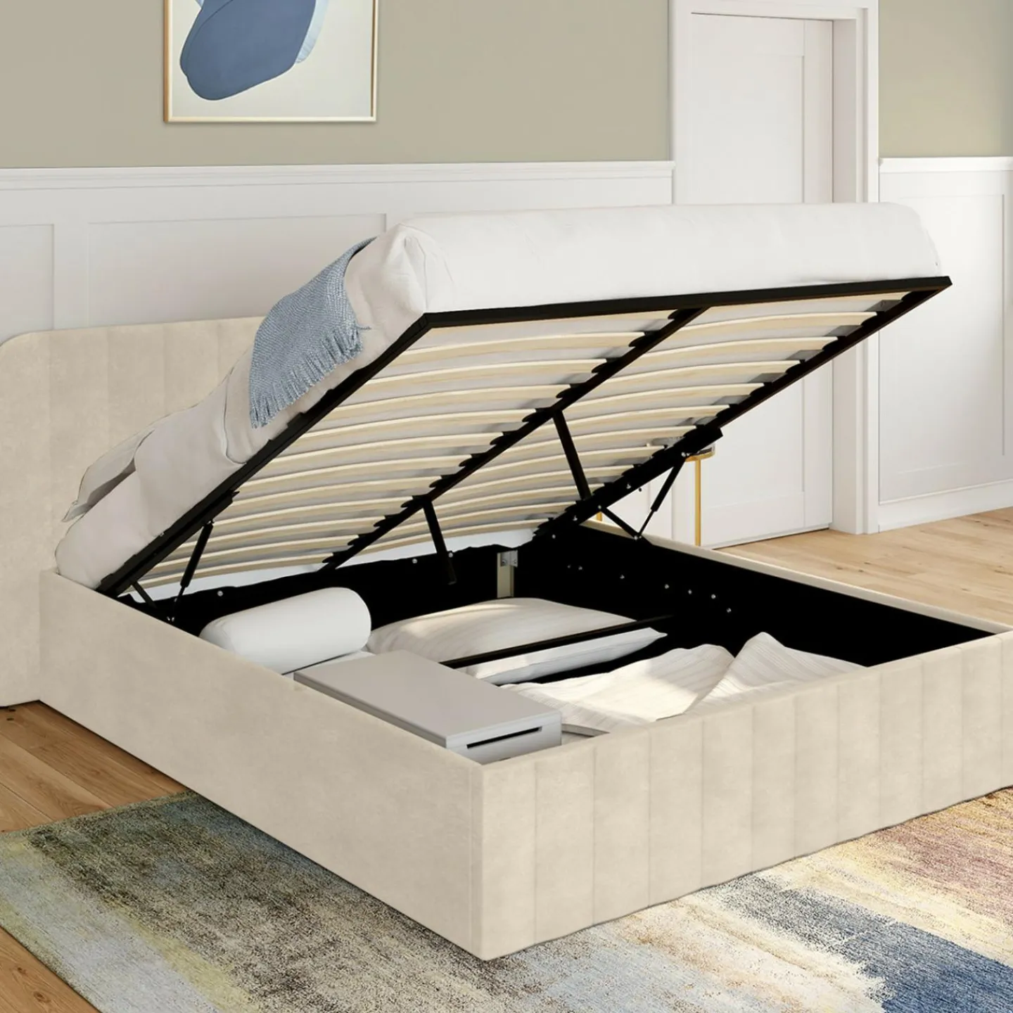 Lit coffre double avec tête de lit en velours beige 160x200 cm*IDMarket Outlet