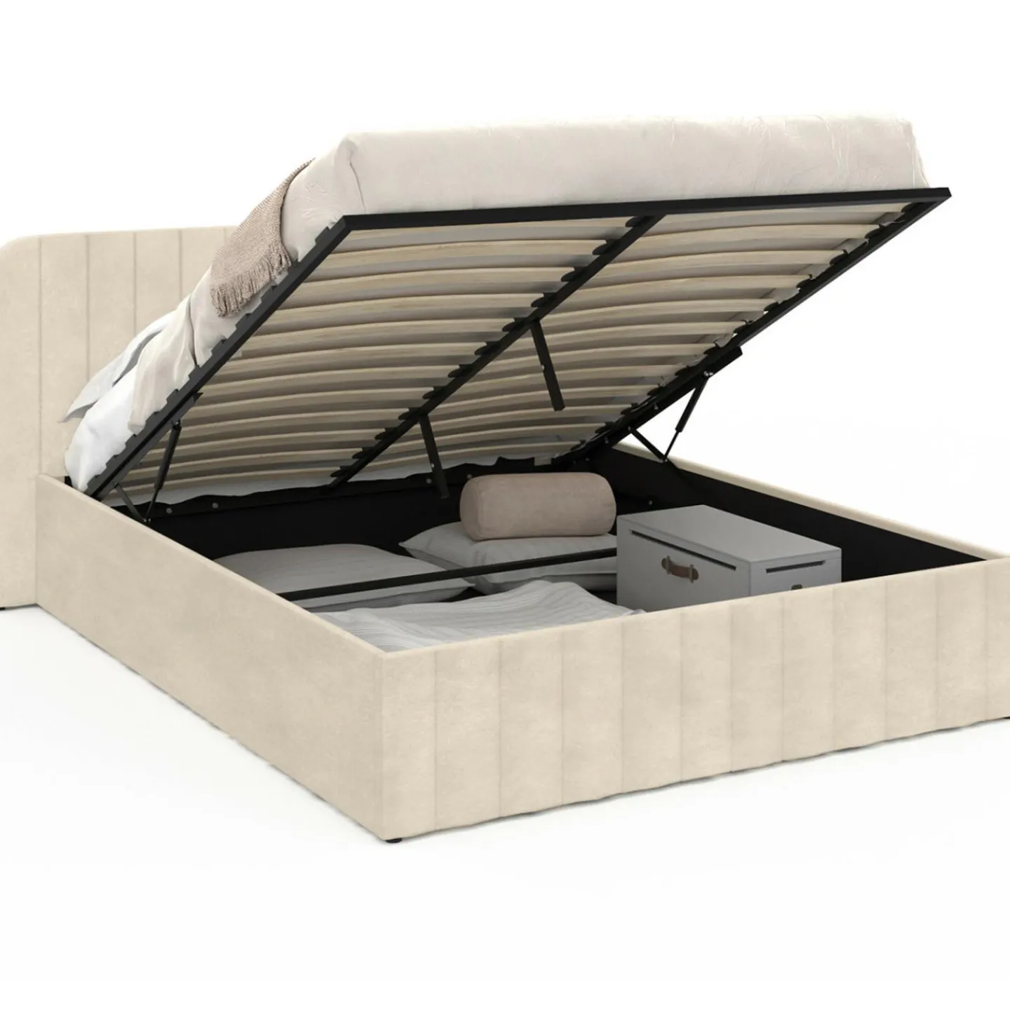 Lit coffre double avec tête de lit en velours beige 160x200 cm*IDMarket Outlet