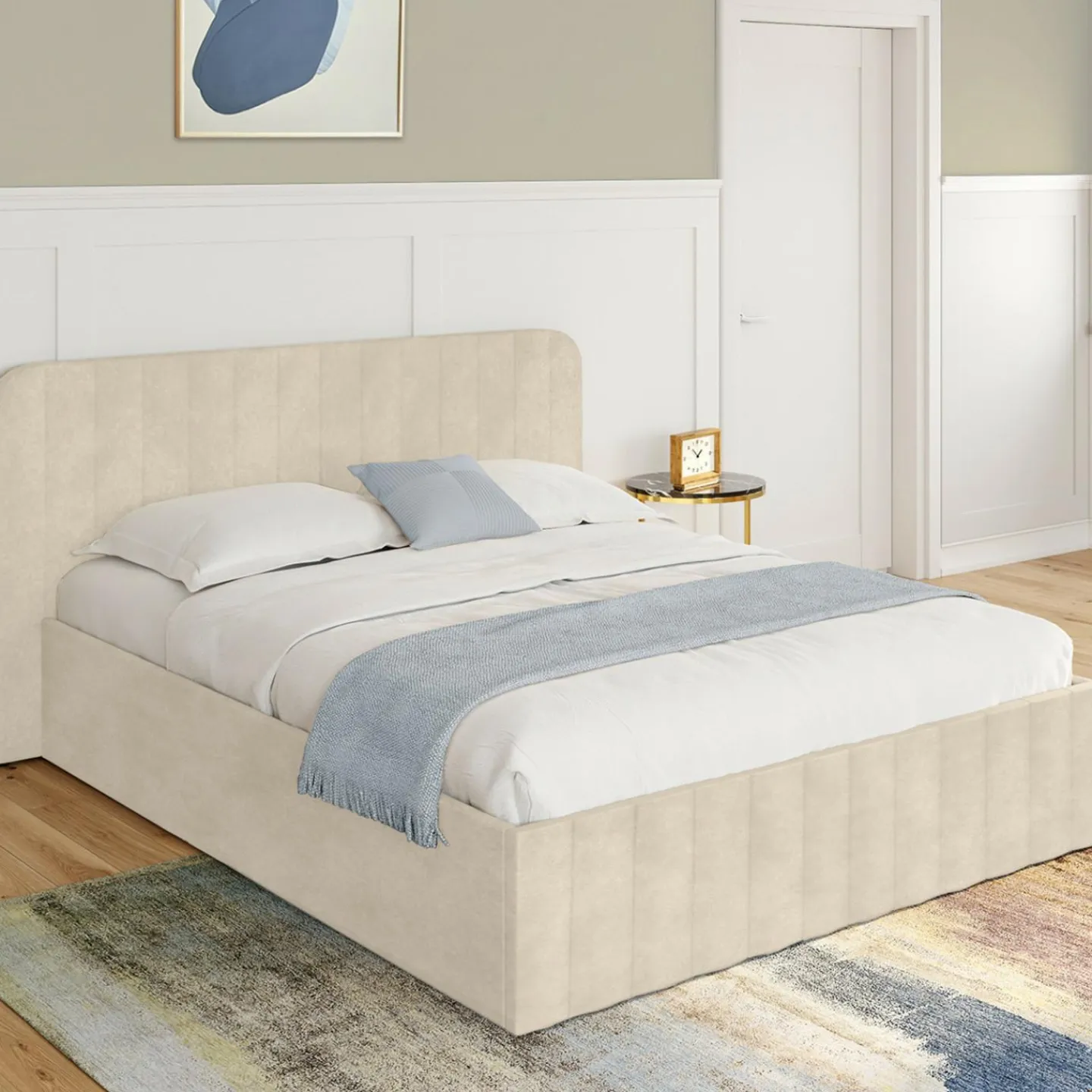 Lit coffre double avec tête de lit en velours beige 160x200 cm*IDMarket Outlet