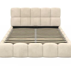 Lit coffre double avec tête de lit matelassée et sommier de 140 x 190 cm en velours beige*IDMarket New