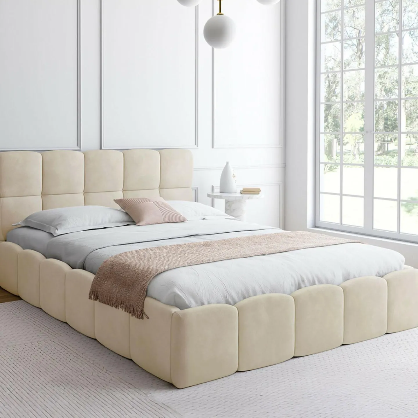 Lit coffre double avec tête de lit matelassée et sommier de 140 x 190 cm en velours beige*IDMarket New