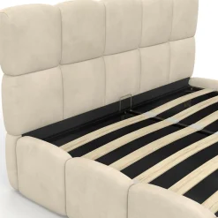 Lit coffre double avec tête de lit matelassée et sommier de 140 x 190 cm en velours beige*IDMarket New