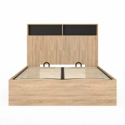 Lit coffre double 140x190 cm avec tête de lit façon hêtre et noir*IDMarket Discount