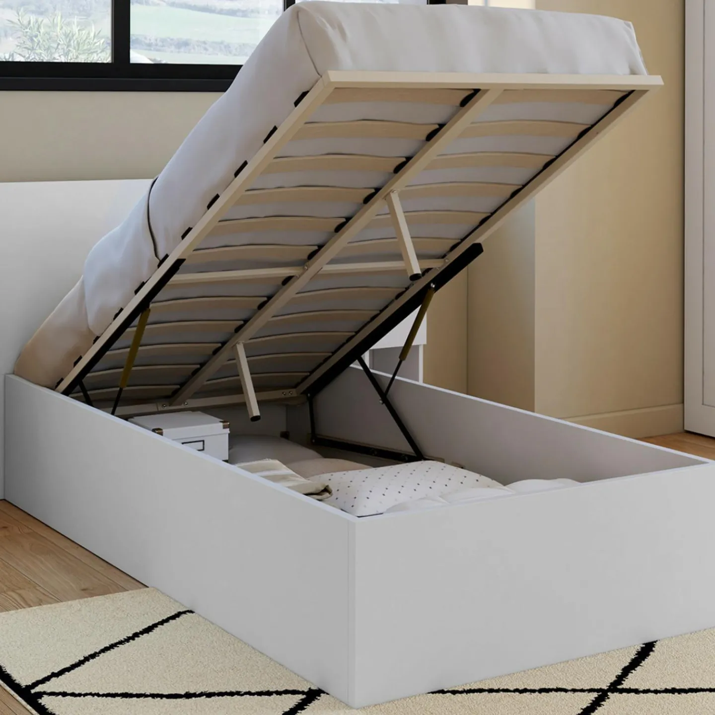 Lit coffre simple avec tête de lit et sommier 90 x 190 cm blanc*IDMarket