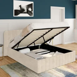 Lit coffre velours beige 140x190 avec sommier et tête de lit*IDMarket Best