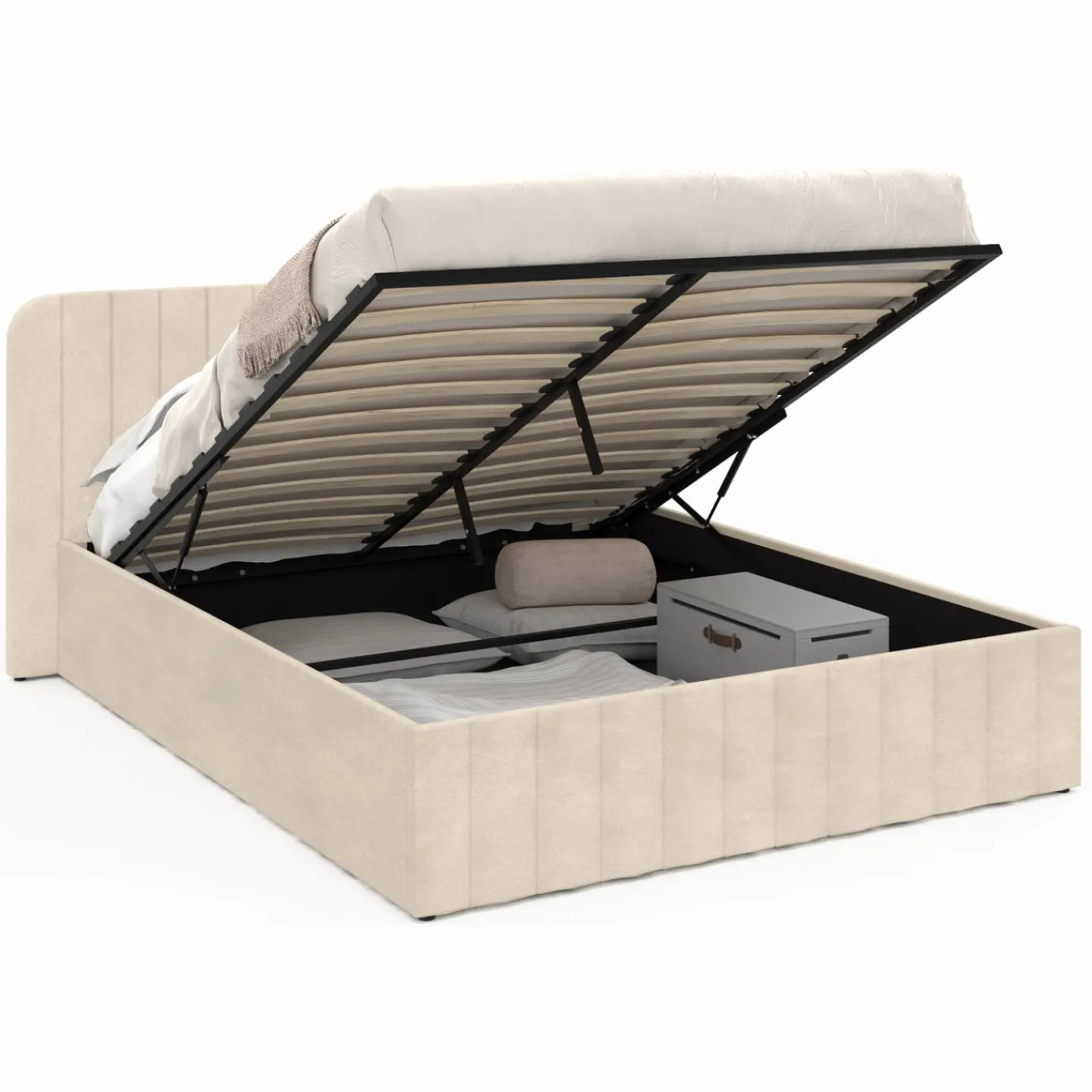 Lit coffre velours beige 140x190 avec sommier et tête de lit*IDMarket Best