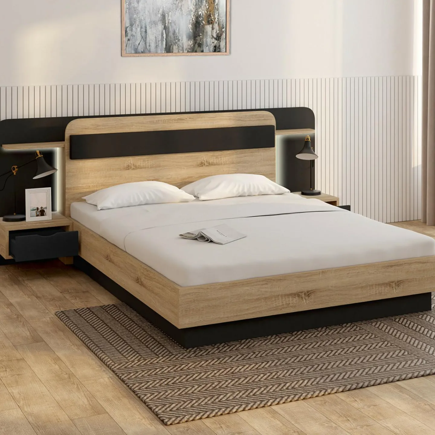 Lit double 140 x 190 cm avec tête de lit, chevets suspendus, étagère, LED et sommier bois et noir*IDMarket