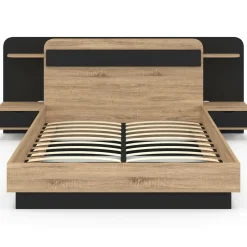 Lit double 140 x 190 cm avec tête de lit, chevets suspendus, étagère, LED et sommier bois et noir*IDMarket