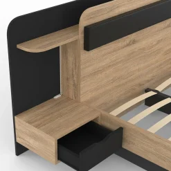 Lit double 140 x 190 cm avec tête de lit, chevets suspendus, étagère, LED et sommier bois et noir*IDMarket