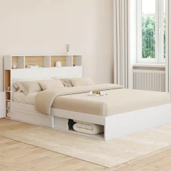 Lit double avec rangements + tête de lit et sommier 160 x 200 cm blanc et hêtre*IDMarket New