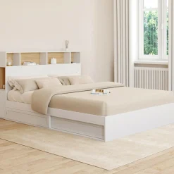 Lit double avec rangements + tête de lit et sommier 160 x 200 cm blanc et hêtre*IDMarket New