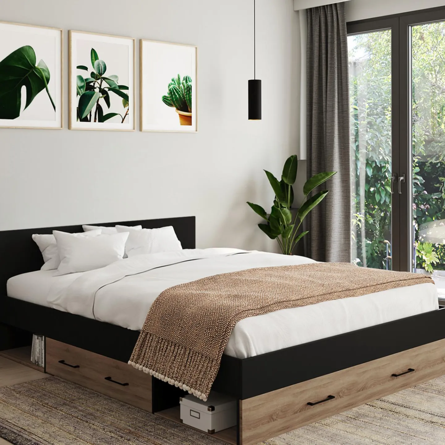 Lit double avec rangement 140x190 cm avec tête de lit hêtre et noir*IDMarket New