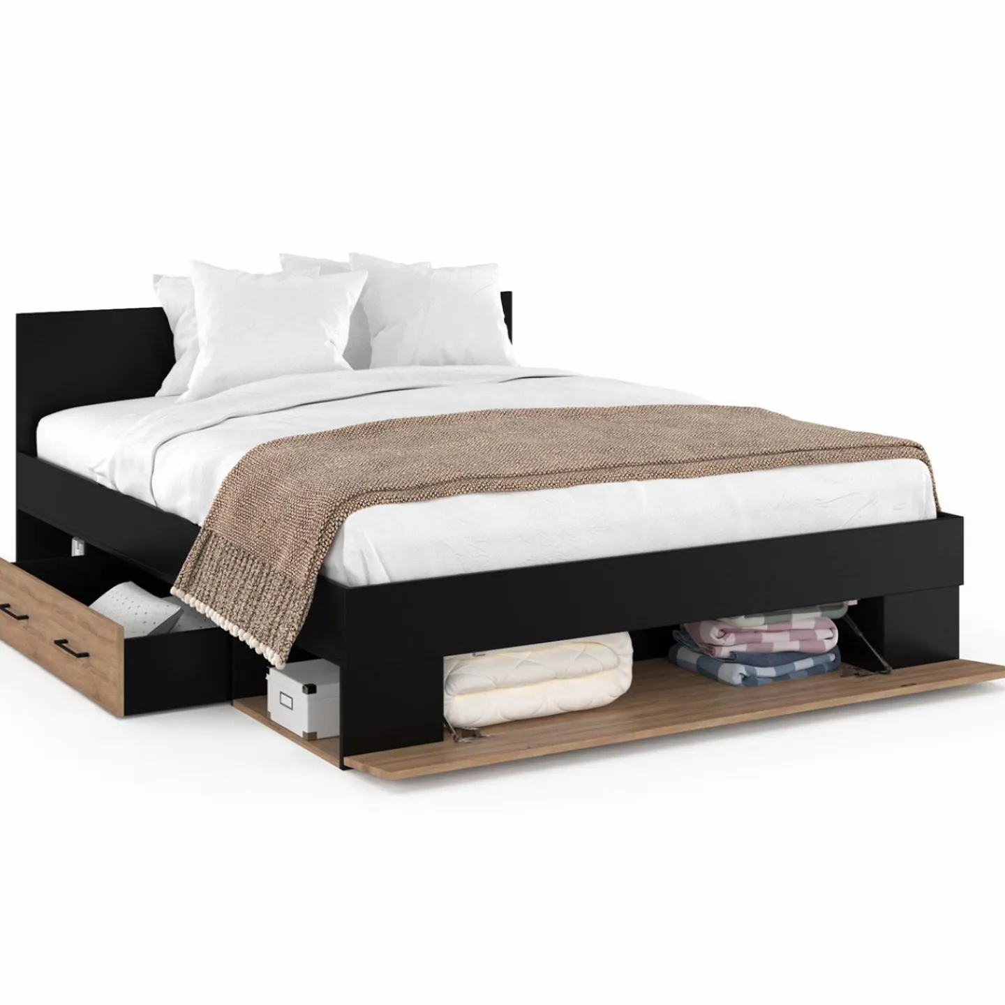 Lit double avec rangement 140x190 cm avec tête de lit hêtre et noir*IDMarket New