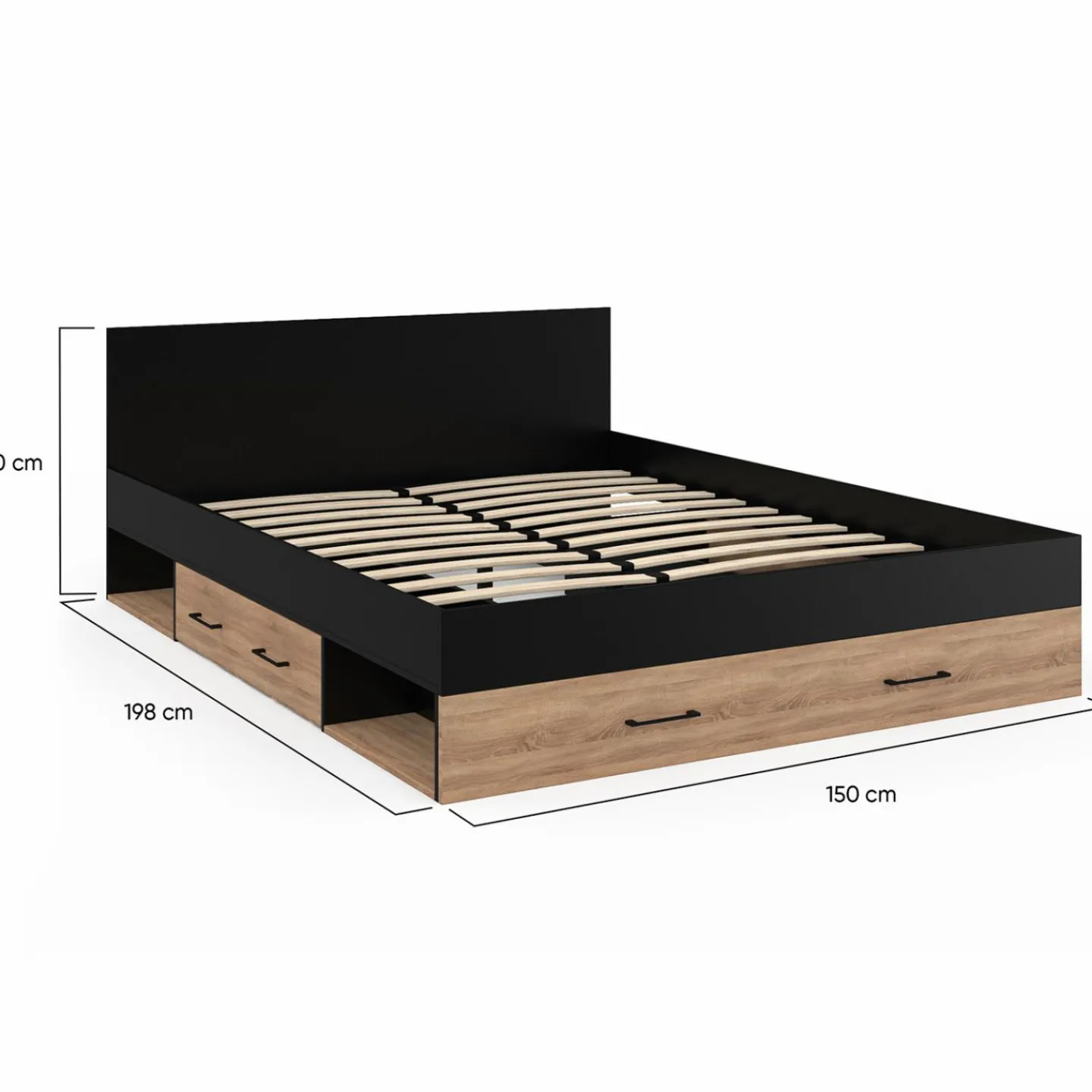 Lit double avec rangement 140x190 cm avec tête de lit hêtre et noir*IDMarket New