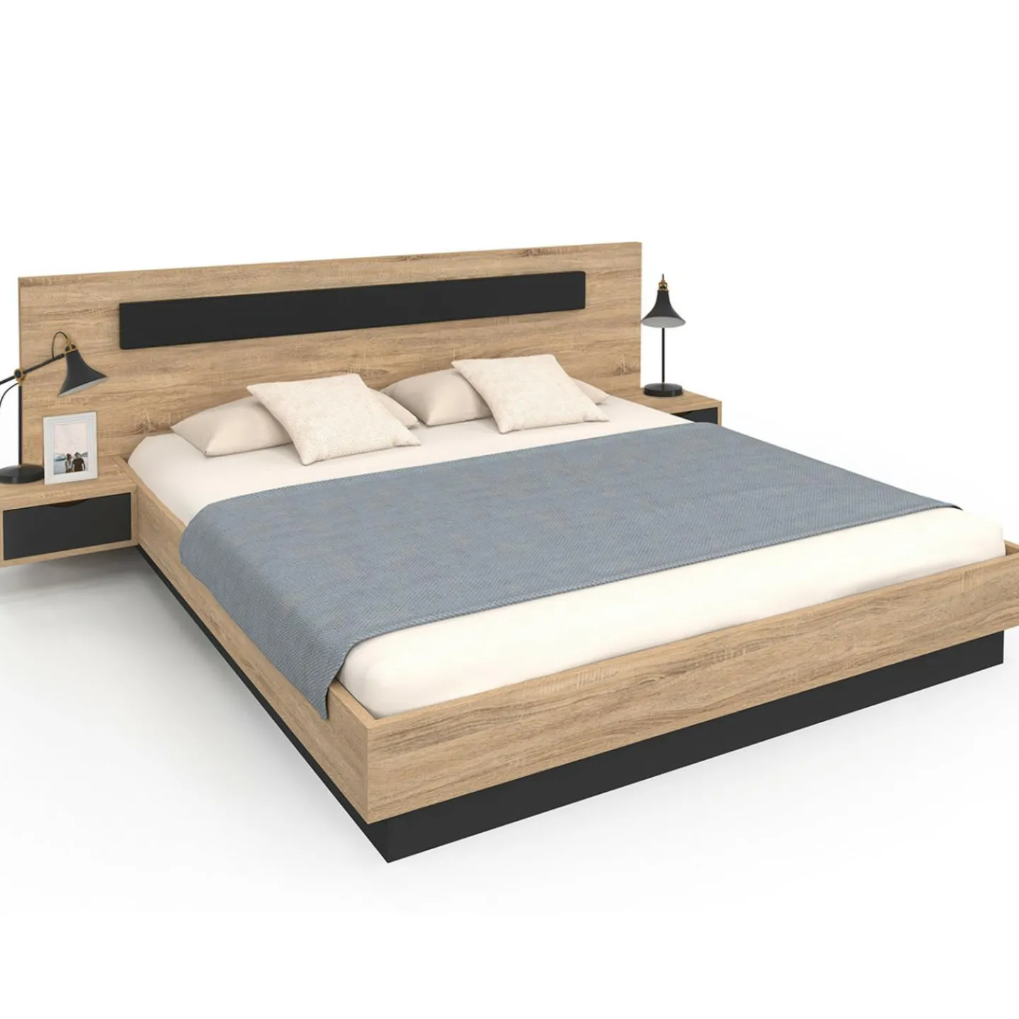 Lit double avec tête de lit et tables de chevet intégrées et sommier 180 x 200 cm bois et noir*IDMarket New