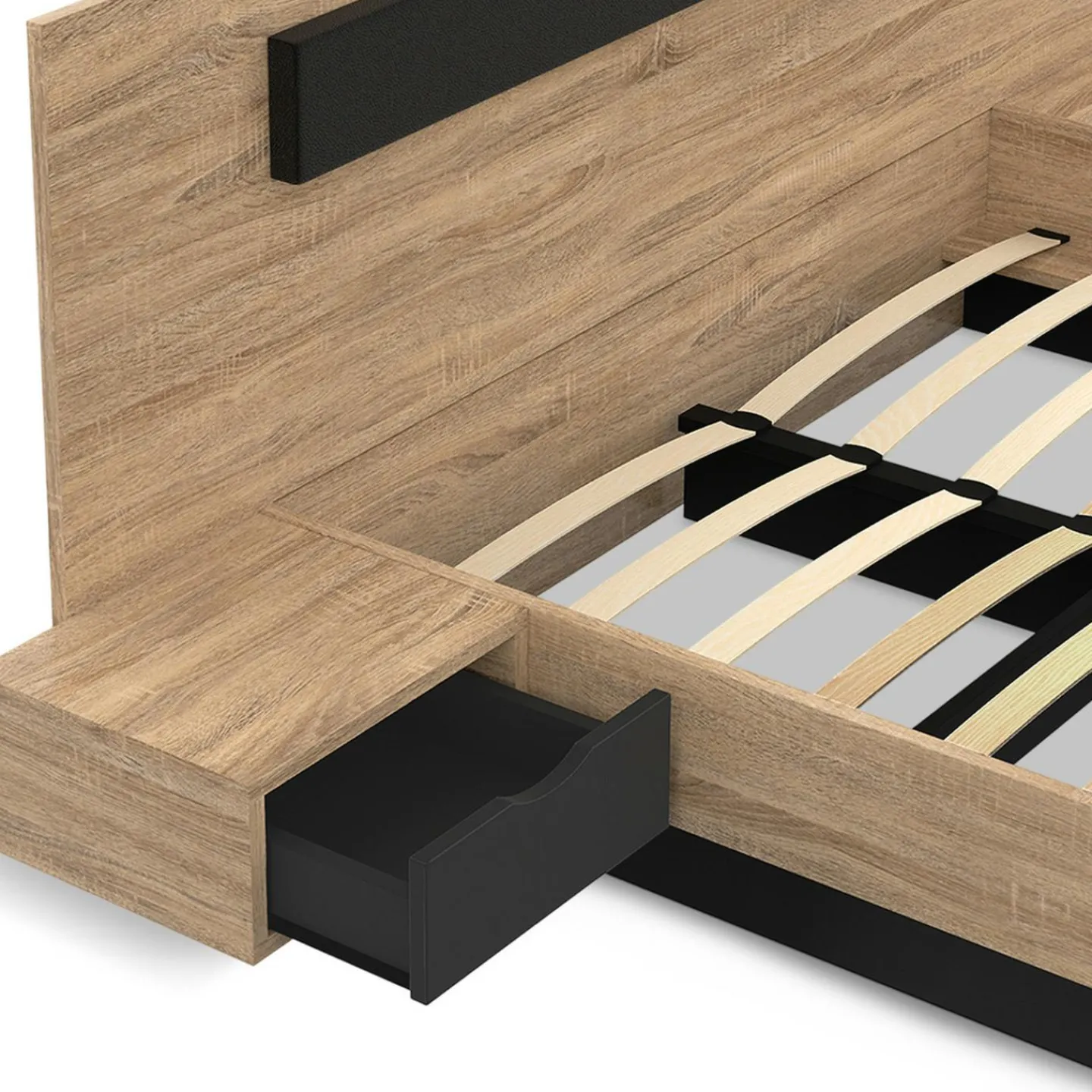 Lit double avec tête de lit et tables de chevet intégrées et sommier 180 x 200 cm bois et noir*IDMarket New