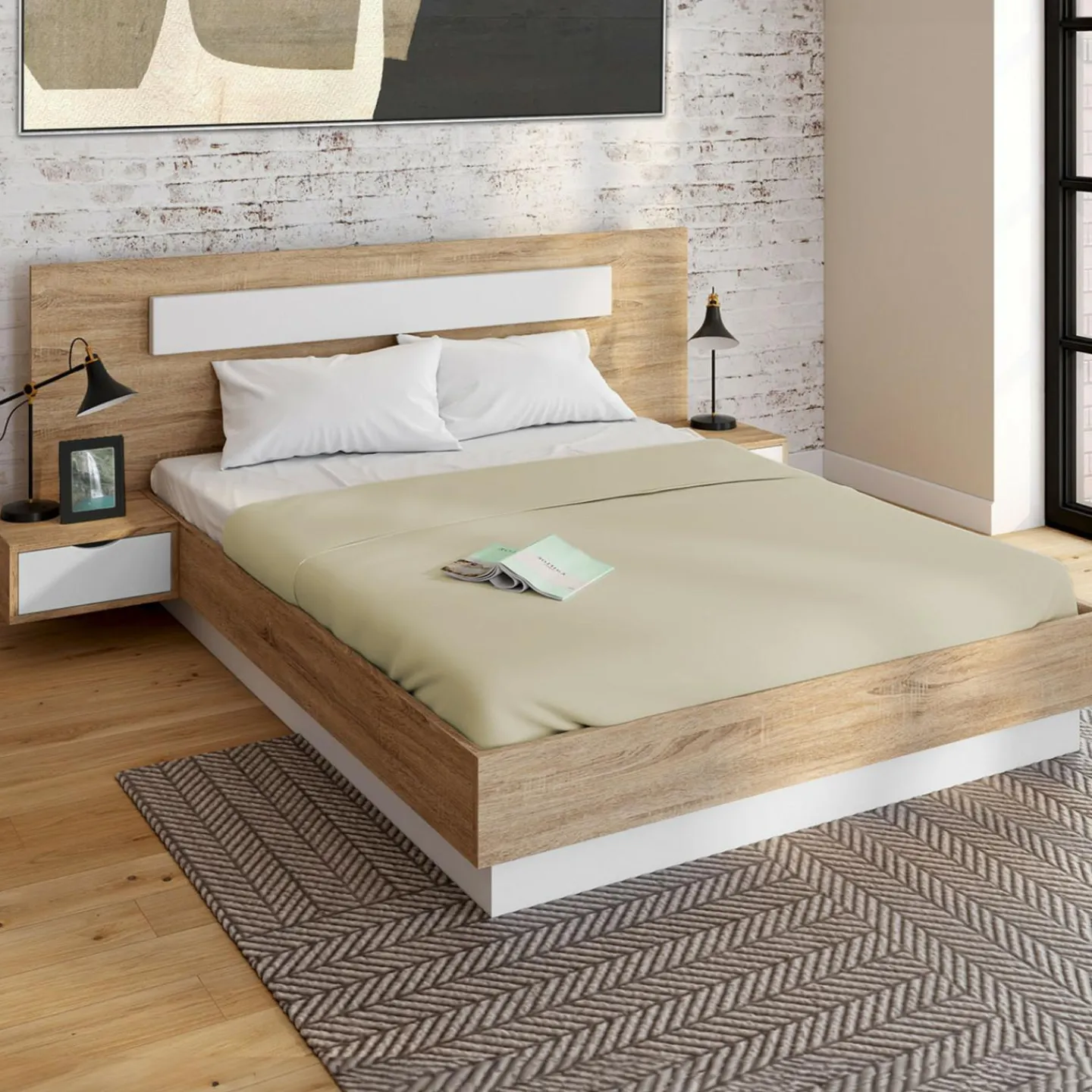 Lit double avec tête de lit, sommier et tables de nuit*IDMarket