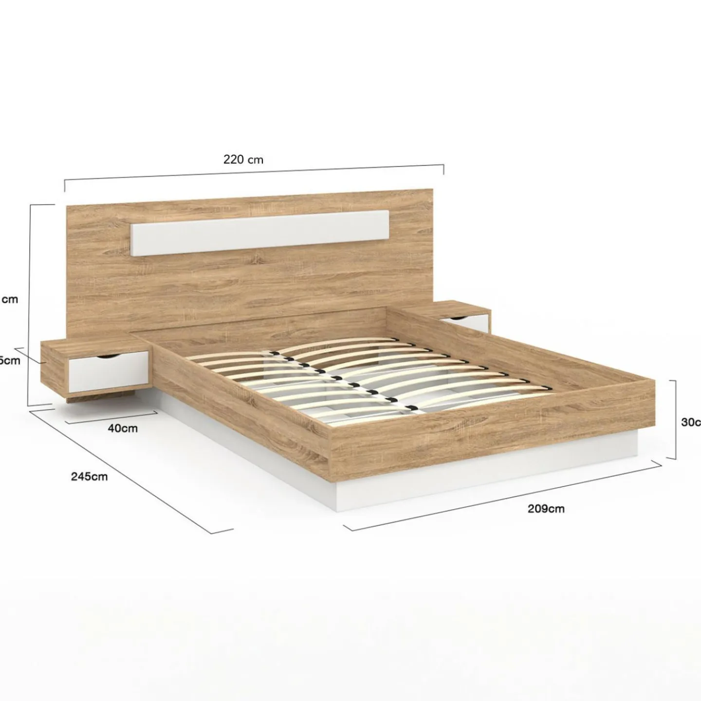 Lit double avec tête de lit, sommier et tables de nuit*IDMarket