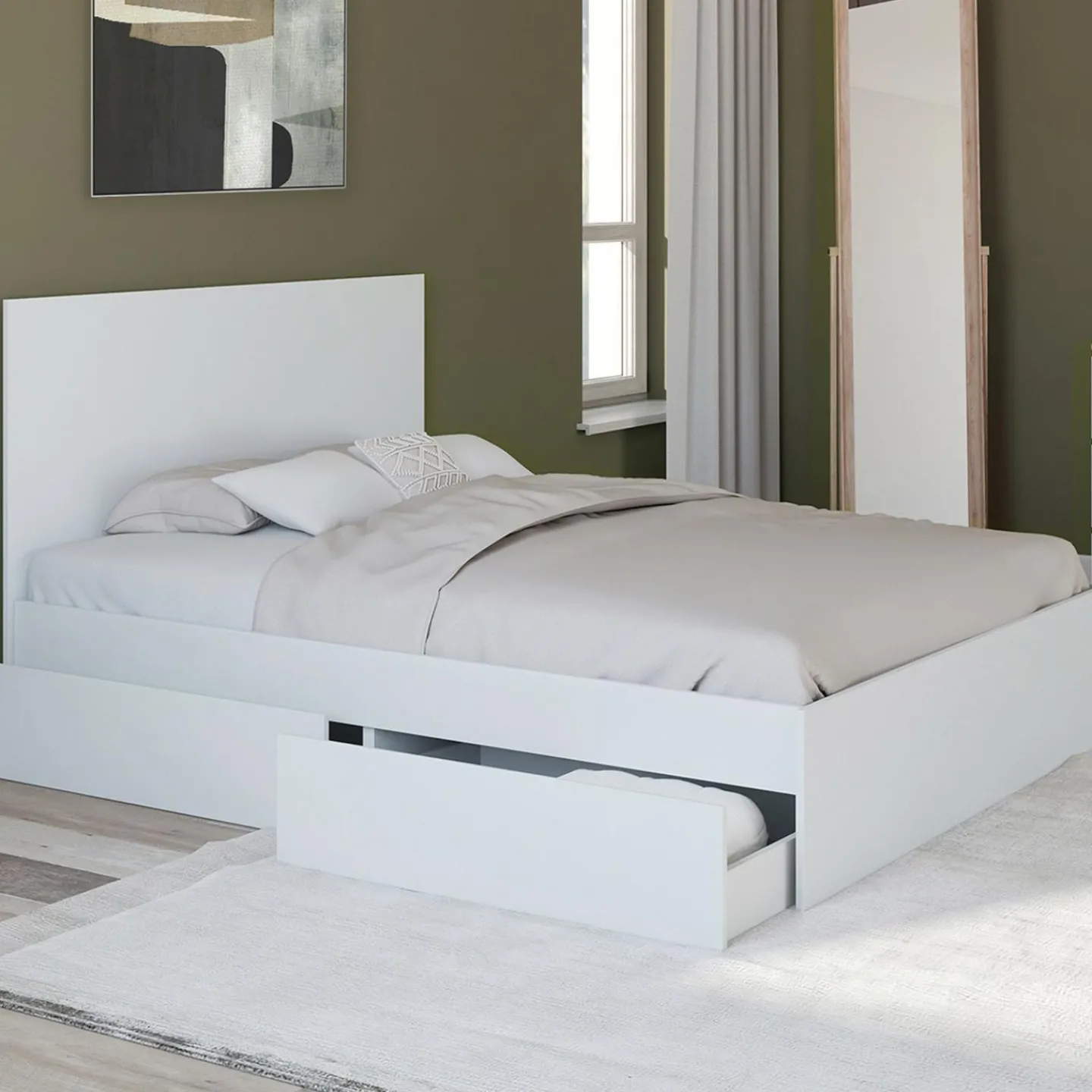 Lit double blanc 4 tiroirs sur roulettes avec tête de lit*IDMarket Hot