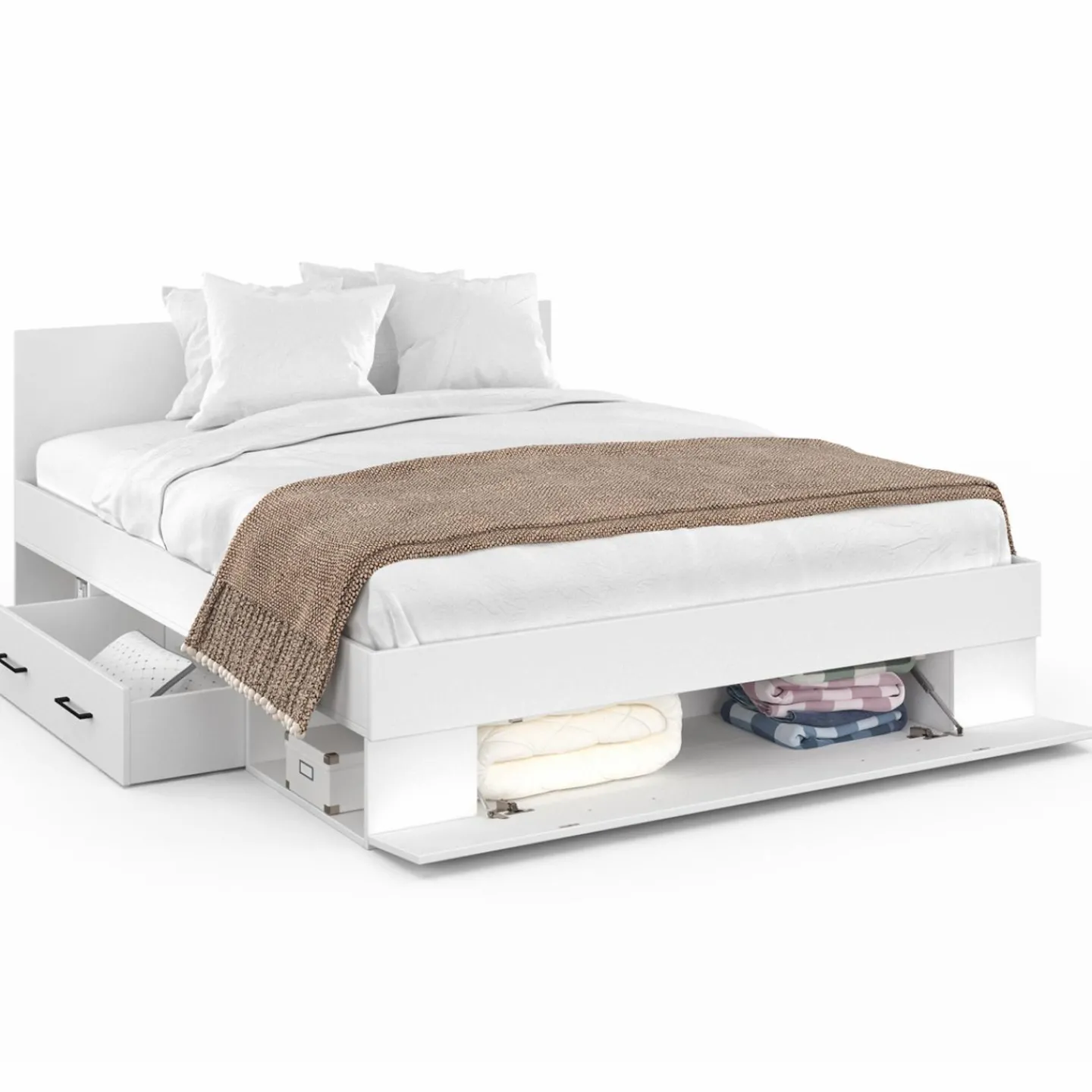 Lit double blanc 140x190cm avec tête de lit et rangements*IDMarket Sale