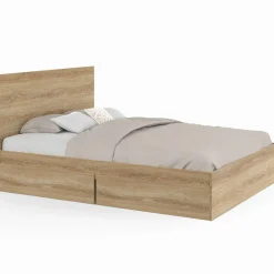 Lit double façon hêtre 4 tiroirs sur roulettes avec tête de lit*IDMarket Online