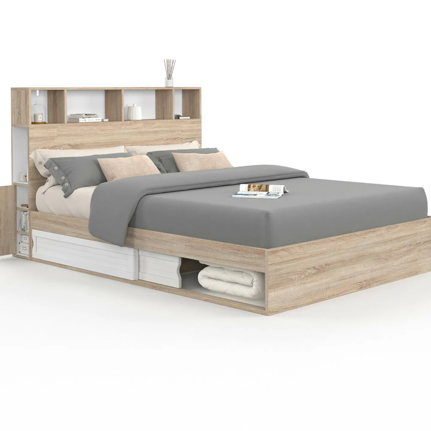 Lit double hêtre et blanc avec rangements + tête de lit et sommier 140x190 cm*IDMarket Clearance