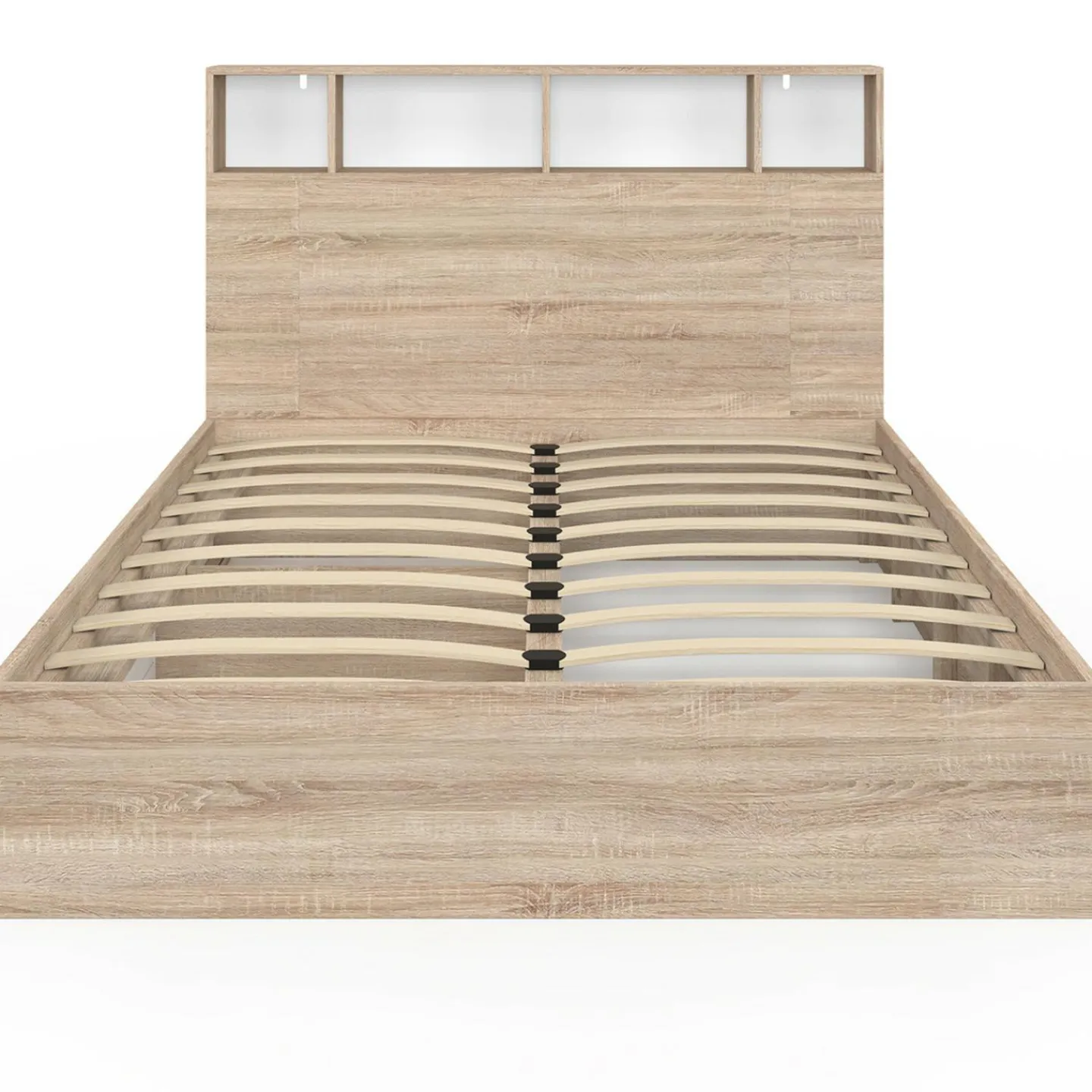 Lit double hêtre et blanc avec rangements + tête de lit et sommier 140x190 cm*IDMarket Clearance