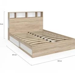 Lit double hêtre et blanc avec rangements + tête de lit et sommier 140x190 cm*IDMarket Clearance