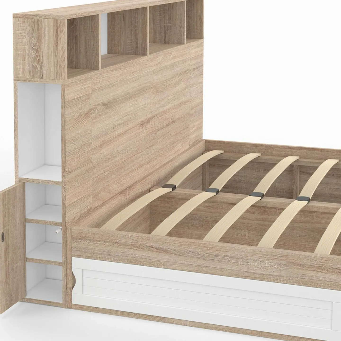 Lit double hêtre et blanc avec rangements + tête de lit et sommier 140x190 cm*IDMarket Clearance