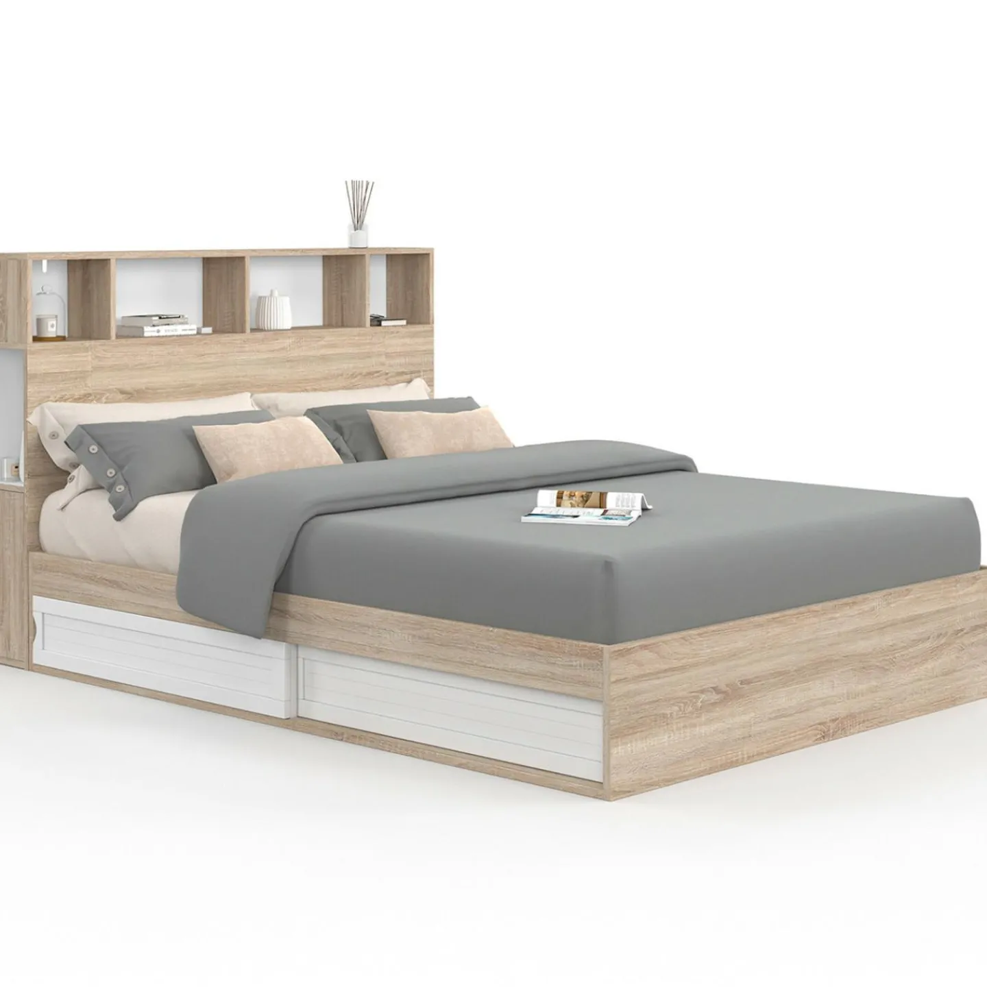 Lit double hêtre et blanc avec rangements + tête de lit et sommier 140x190 cm*IDMarket Clearance