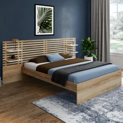 Lit double hêtre et blanc avec tête de lit et étagères*IDMarket Hot