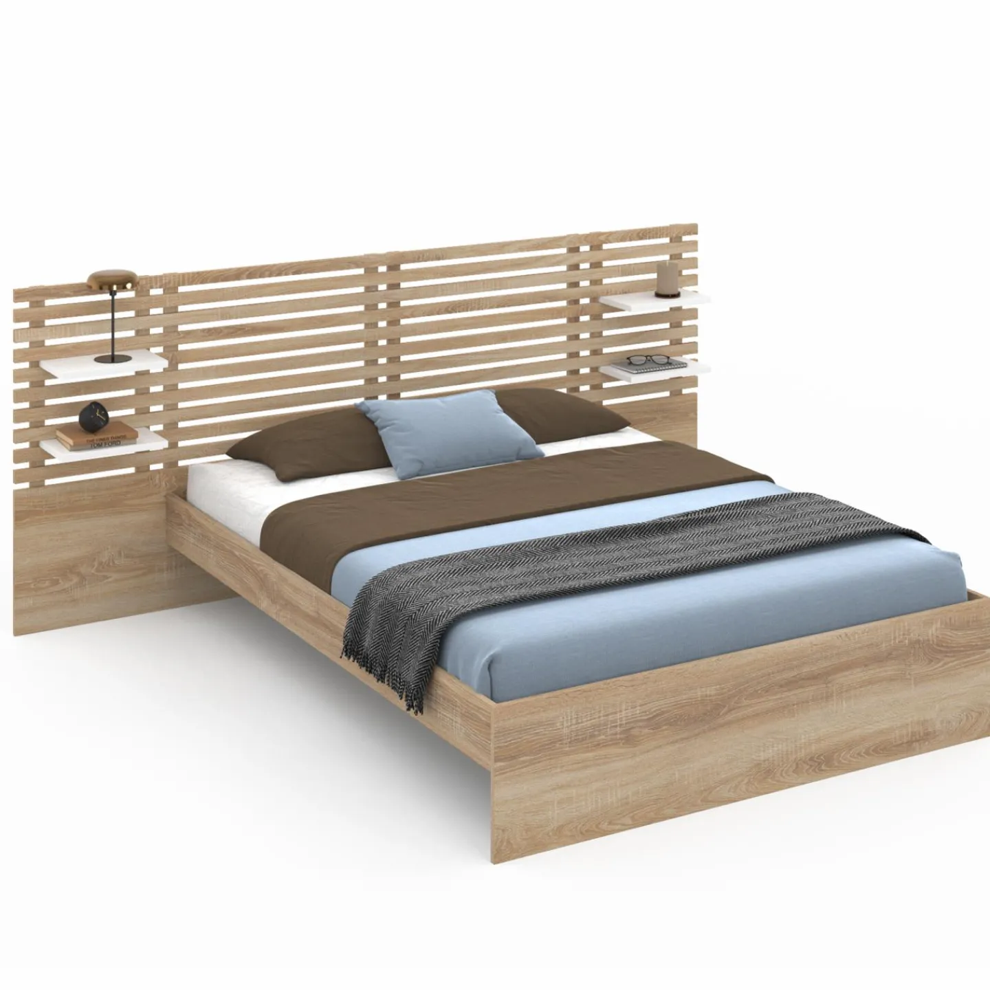 Lit double hêtre et blanc avec tête de lit et étagères*IDMarket Hot